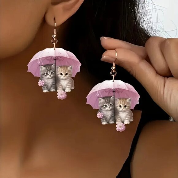 Cute Lavender Umbrella and Cartoon Twin Kitty cat acrylic charm Earrings set - Picture 2 of 3